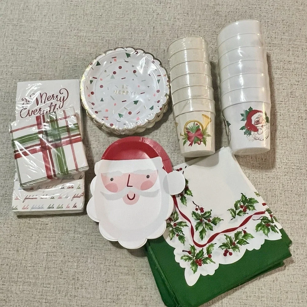 Christmas Plates Cups Napkins Lot Some Vintage Santa Holly Holiday Party